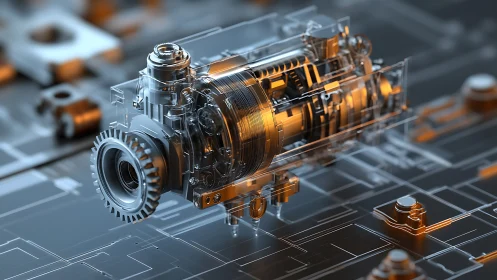 Transparent isometric gearbox cutaway on circuit substrate