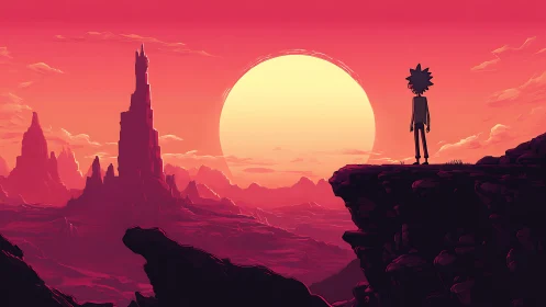 Silhouetted figure on alien mesa at oversized setting sun