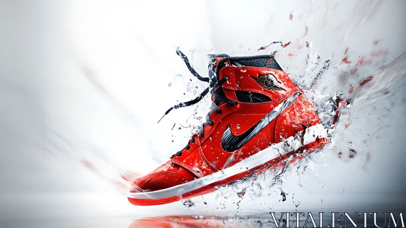 Red high-top athletic sneaker in dynamic splash scene.