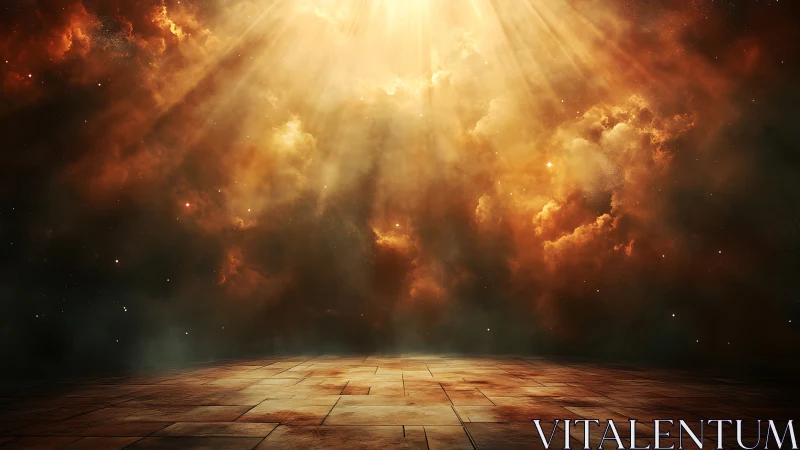 Radiant volumetric light over celestial stone platform.