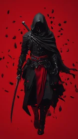 Hooded crimson assassin strides forward through falling petals