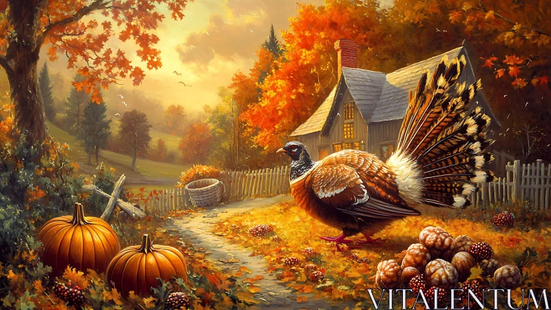 Autumn pheasant parades past pumpkins in storybook glow.