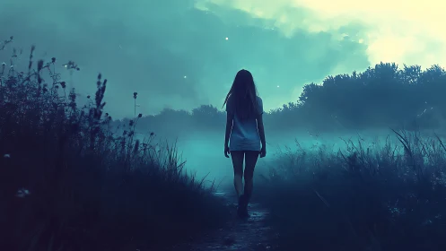Solitary girl walks misty twilight path through meadow.