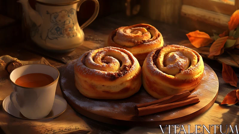 Cinnamon rolls and tea in warm autumn window light.