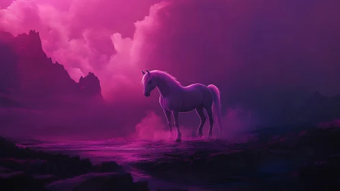 White horse stands in glowing pink mist by dark mountains