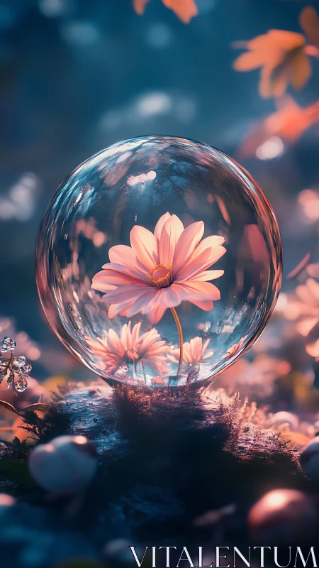 Single pink daisy enclosed in clear glass sphere outdoors.