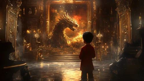 Gilded child confronts inferno dragon in a molten throne room.