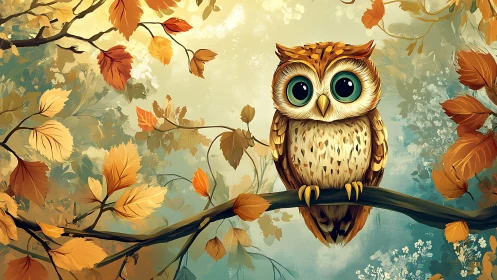 Cute cartoon owl perched on autumn branch in whimsical forest scene.