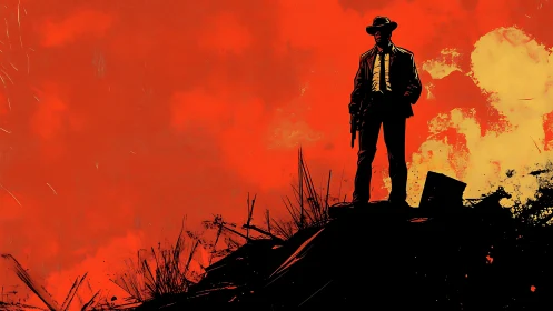 Lone trenchcoat gunman crowns a burning crimson horizon.