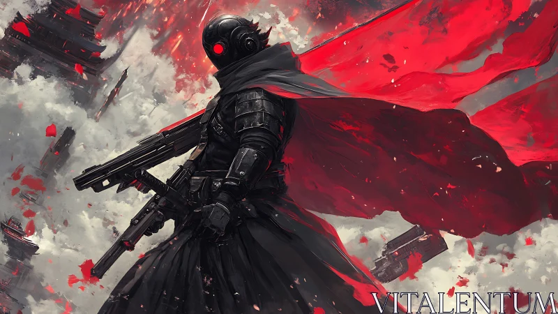 Armored techno-ronin with carbine amid storming crimson clouds.