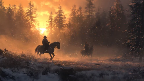 Cowboys ride through winter forest at blazing sunset.