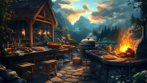 Rustic mountain barbecue terrace in warm cinematic lighting.