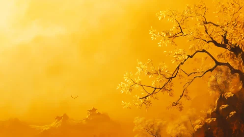 Golden mist cradles a distant temple beneath autumn boughs