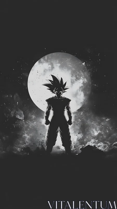 Monochrome anime warrior silhouette against lunar backlight.