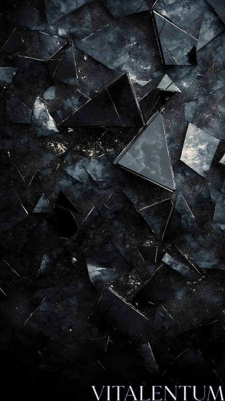 Shattered midnight triangles drift through cosmic charcoal dust.