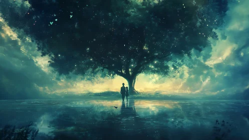 Starlit lovers beneath an ethereal world tree at dusk.
