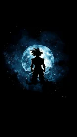 Silhouetted warrior stands before bright blue full moon.