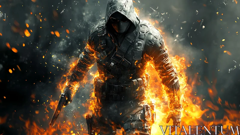 Hooded tactical soldier strides through engulfing battlefield flames
