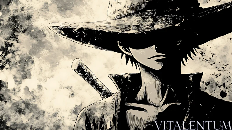 Straw hat swordsman stands in stark monochrome ink shadows.