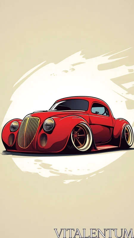 Low-slung red coupe illustration with retro custom styling.