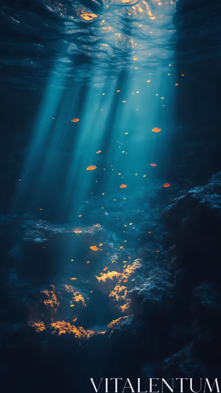 Golden embers drift gently through a calm underwater dream