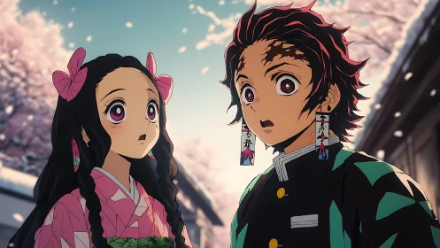 Anime siblings under cherry blossoms in shocked pause.