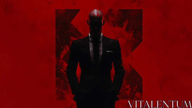 Photorealistic noir silhouette against geometric crimson field.