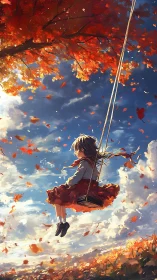 Girl on swing under autumn tree in bright daylight sky.