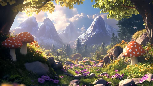 Mushroom meadow and mountains in warm digital sunlight.