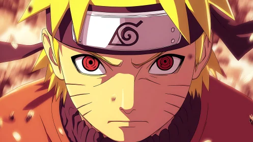 Intense anime ninja close-up with glowing red eyes.