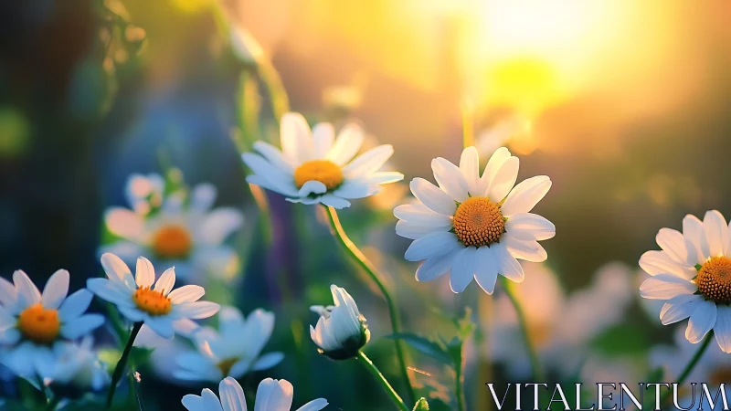 Daisy flowers in golden hour sunlight with depth of field.