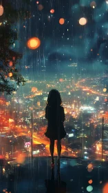 Silhouette of girl in rain overlooking illuminated cityscape.