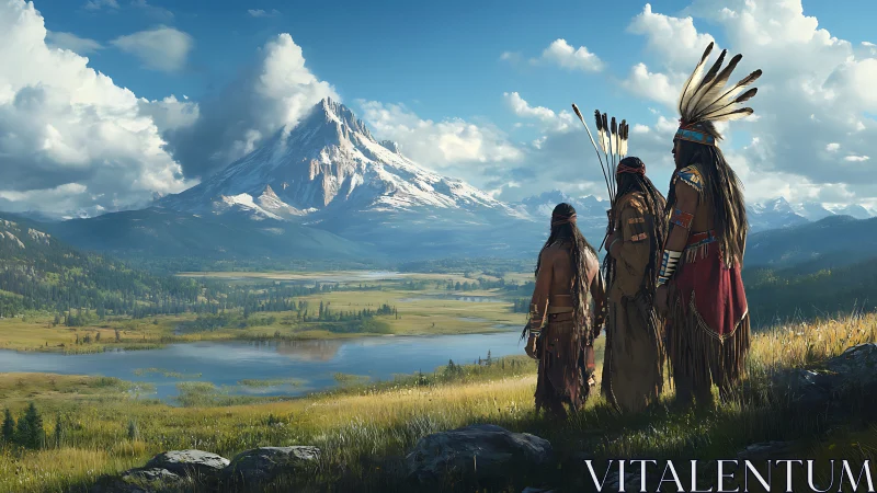 Indigenous hunters survey vast mountain valley at sunrise