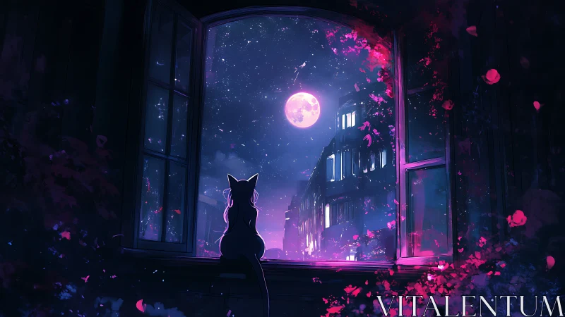 Moonlit window vigil with neon cat silhouette in bloom.