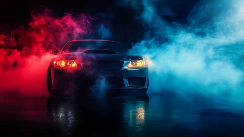 Sport coupe cuts through red and blue cinematic smoke