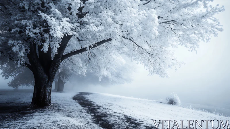Winter trees arch over misted riverside path in silence.