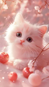 White Kitten Among Red Apples and Blossoms.