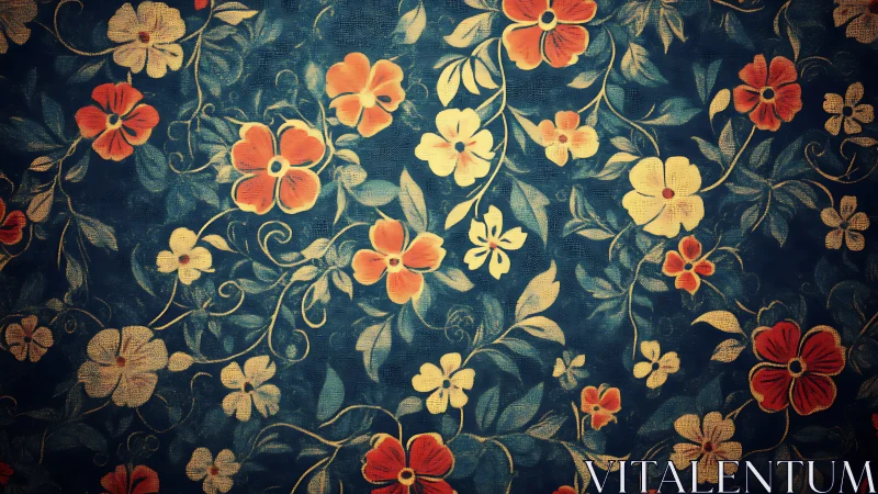 Floral pattern with red and cream blossoms on dark blue field.