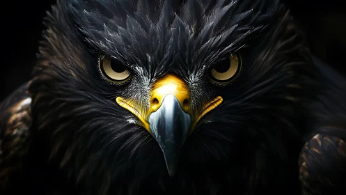 Intense close-up of eagle’s face with striking golden eyes.