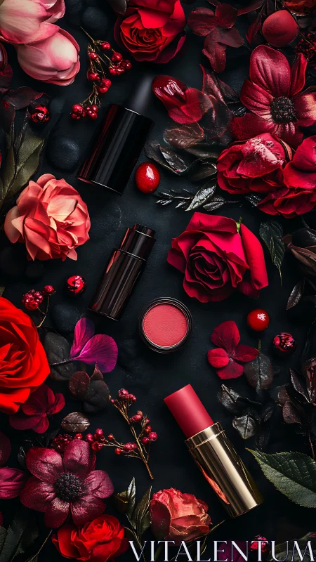 Flatlay of red cosmetic lip products with roses on black velvet