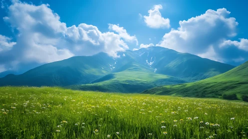 Sunlit alpine meadow stretches below vivid green mountains.