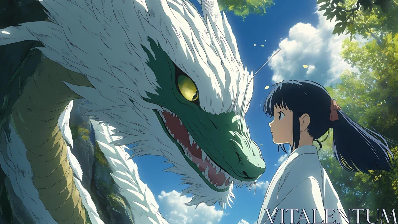 Girl faces white dragon under bright blue summer sky.