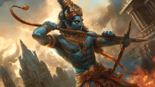 Blue-skinned warrior deity drawing bow in burning city
