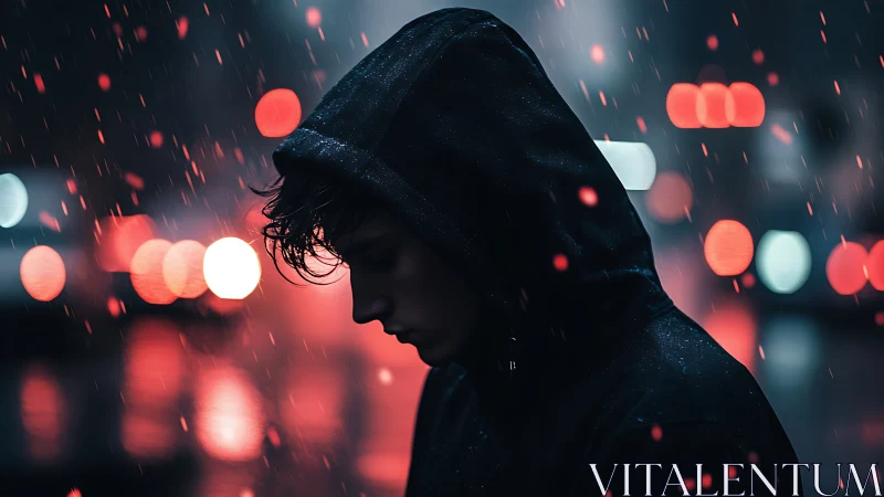 Hooded figure walks alone under neon rain on city night