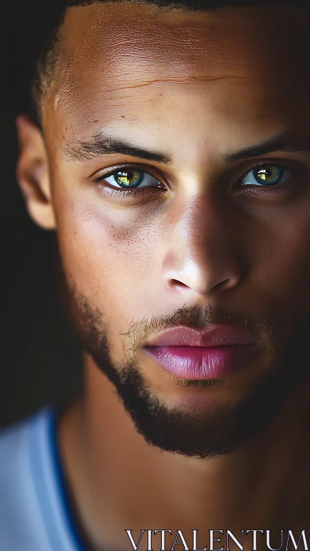 Hyper-detailed facial close-up with luminous specular eyes.