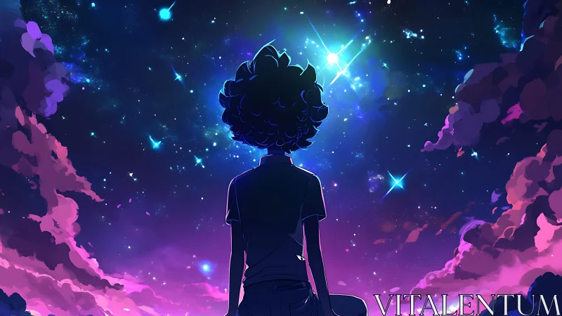 Stargazing dreamer beneath neon clouds and midnight constellations.