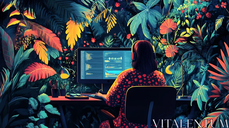 Coder works in lush neon jungle studio of focused creativity