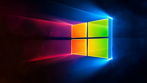 Windows-style neon window logo on dark glowing backdrop.