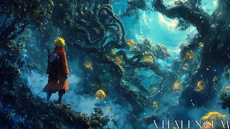 Lone cloaked wanderer in luminous spiral forest under teal vortex