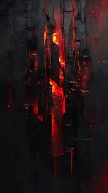 Vertical lava fissure splitting dark abstract monoliths.